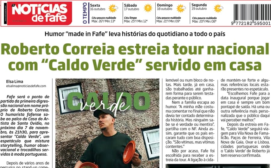 Recorte do Notícias de Fafe: Roberto Correia estreia tour nacional com “Caldo Verde” servido em casa